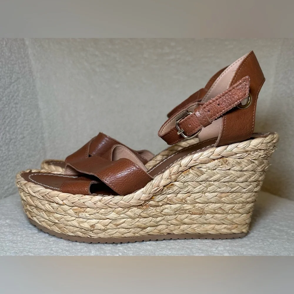 ALDO espadrilles platform shoes heels tan brown leather ankle straps summer 8.5‎